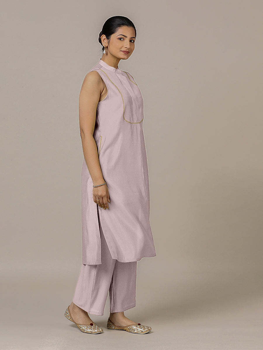 Eira x Rozaana Kurta, in Purple Viscose, featuring sleeveless and band collar neckline, made for daily & work (view 7).