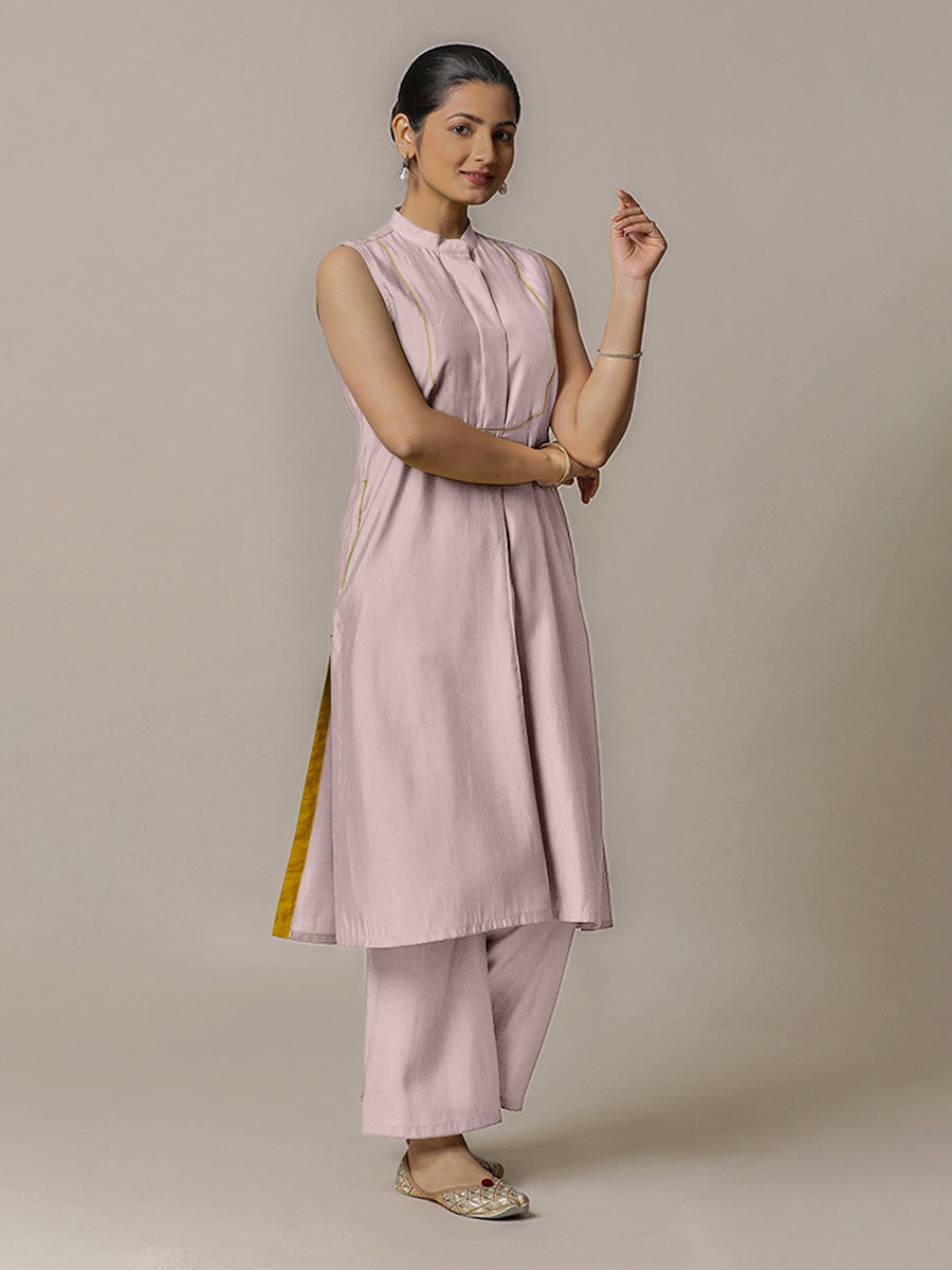 Eira x Rozaana Kurta, in Purple Viscose, featuring sleeveless and band collar neckline, made for daily & work (view 8).