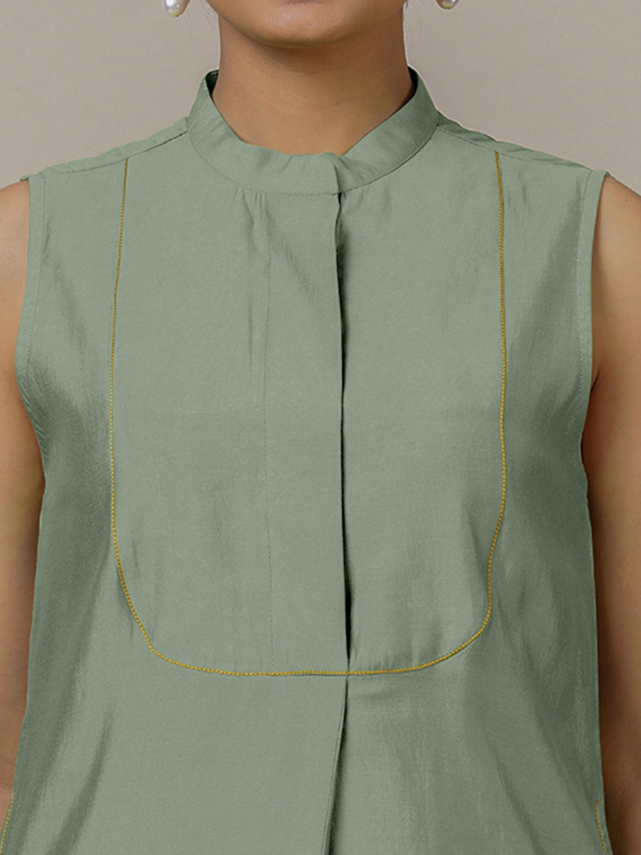 Eira x Rozaana Kurta, in Green Viscose, featuring sleeveless and band collar neckline, made for daily & work (view 3).