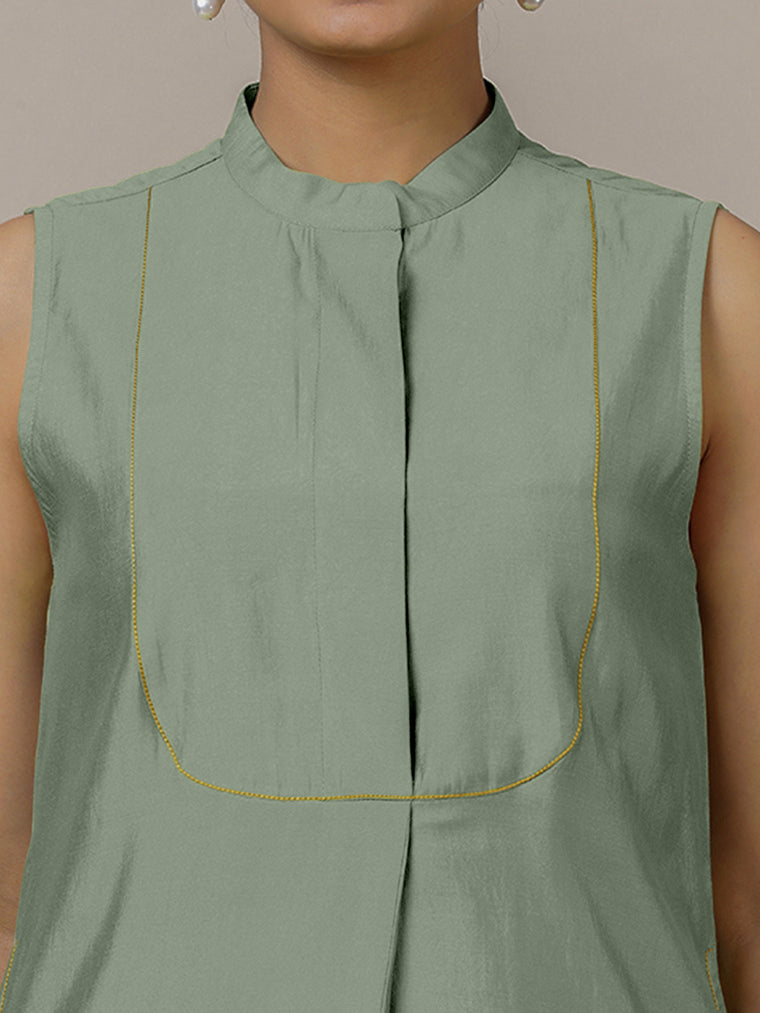 Eira x Rozaana Kurta, in Green Viscose, featuring sleeveless and band collar neckline, made for daily & work (view 3).
