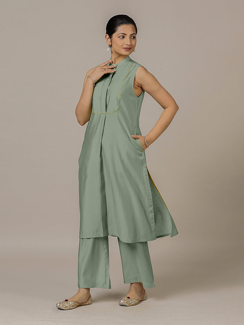 Eira x Rozaana | A Line Kurta w/ Mandarin Collar in Mint Green | Coords or Only Kurta-Binks