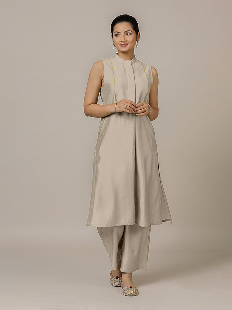 Eira x Rozaana | A Line Kurta w/ Mandarin Collar in Oyster Grey | Coords or Only Kurta-Binks