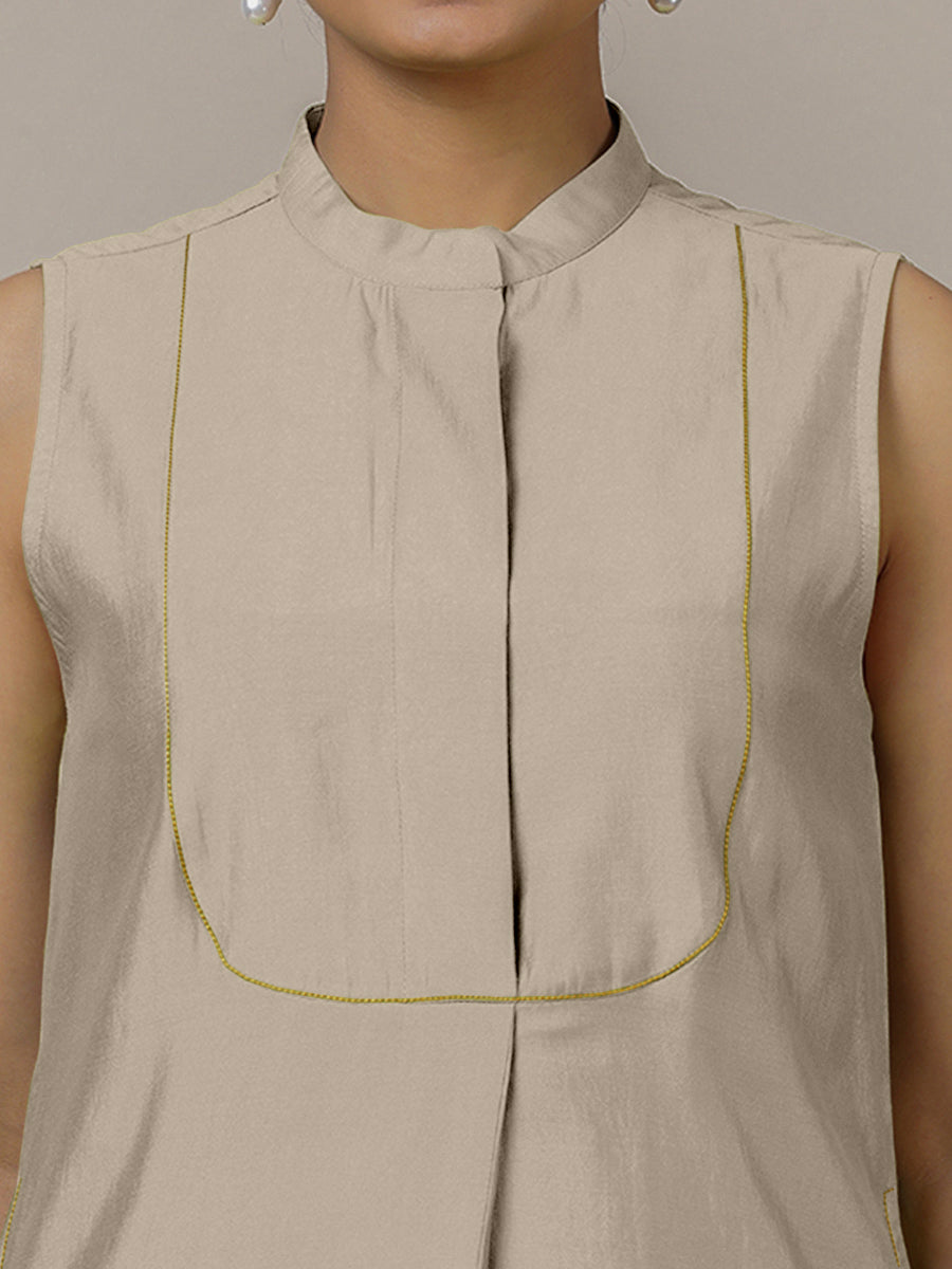 Eira x Rozaana Kurta, in Grey Viscose, featuring sleeveless and band collar neckline, made for daily & work (view 3).