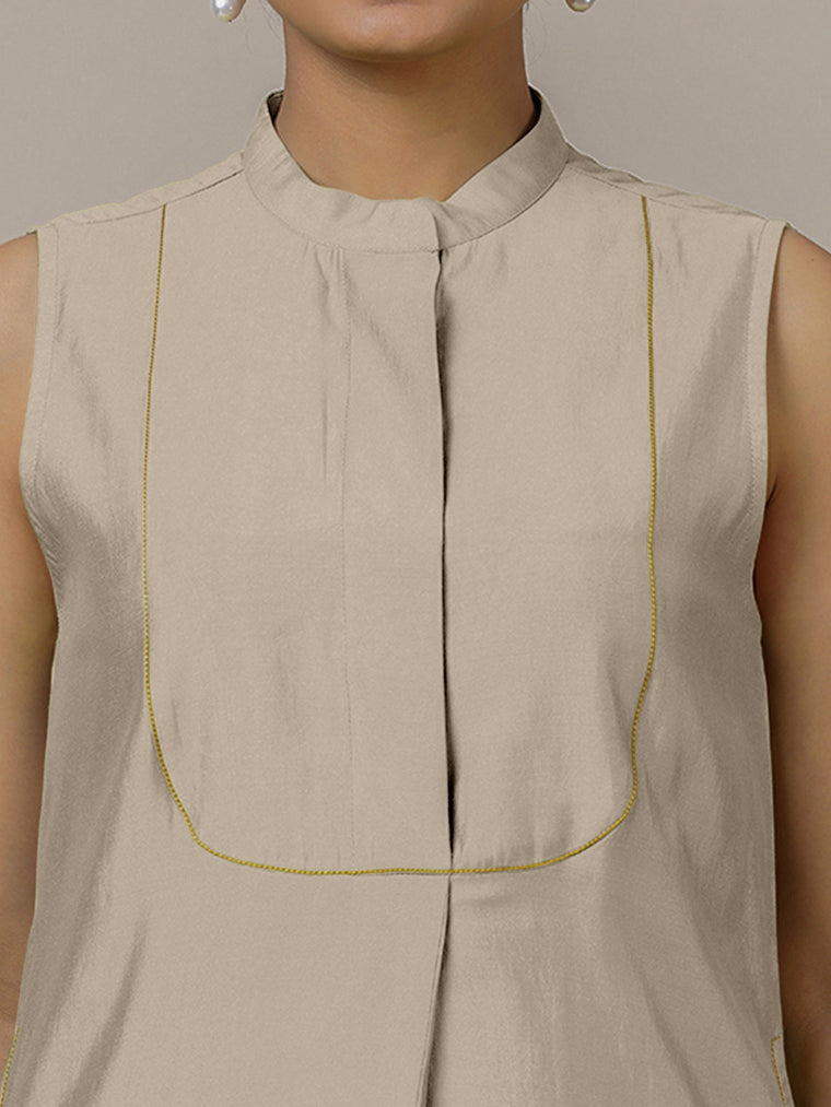 Eira x Rozaana Kurta, in Grey Viscose, featuring sleeveless and band collar neckline, made for daily & work (view 3).