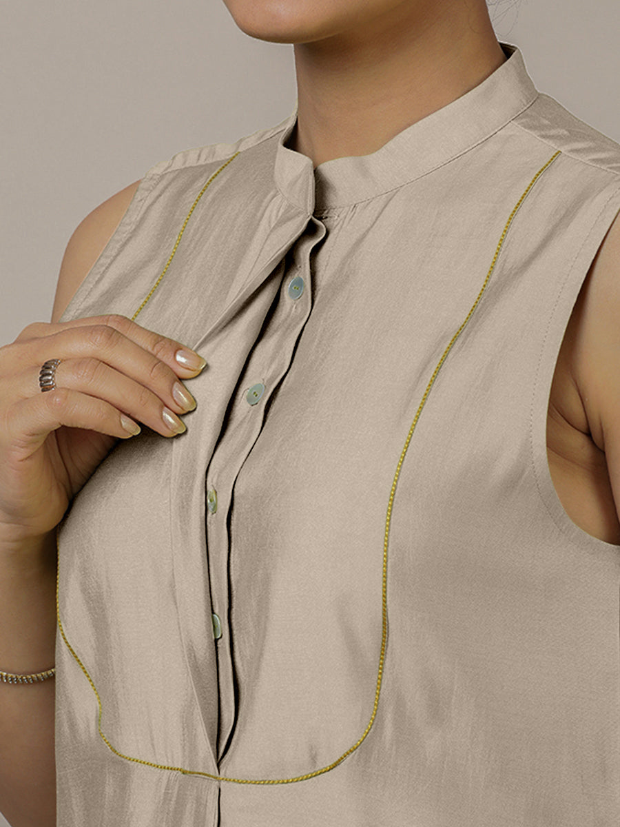 Eira x Rozaana Kurta, in Grey Viscose, featuring sleeveless and band collar neckline, made for daily & work (view 4).