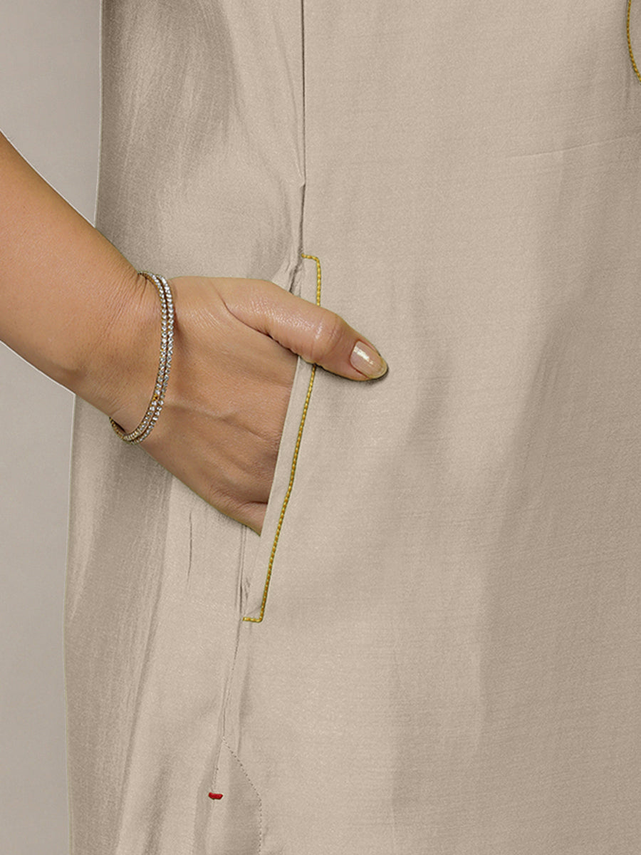 Eira x Rozaana Kurta, in Grey Viscose, featuring sleeveless and band collar neckline, made for daily & work (view 5).