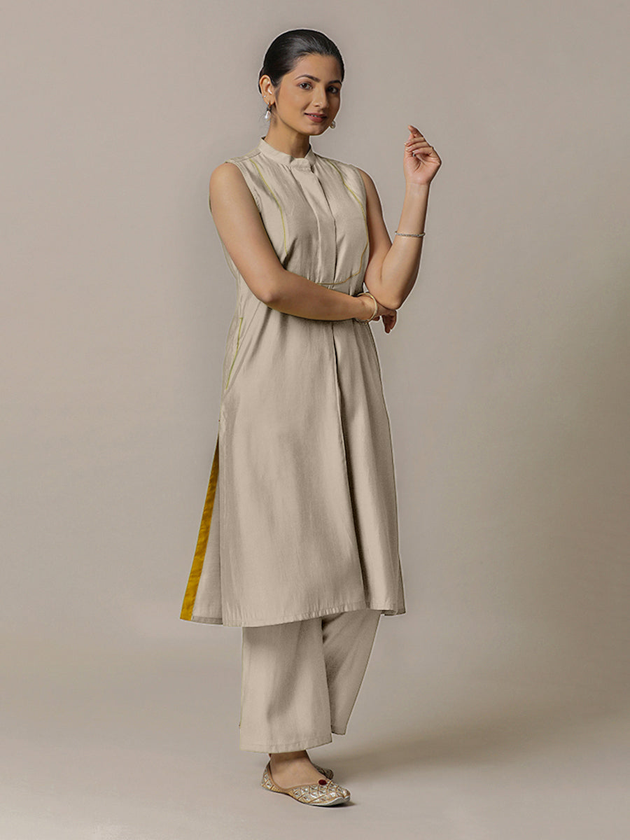 Eira x Rozaana Kurta, in Grey Viscose, featuring sleeveless and band collar neckline, made for daily & work (view 7).