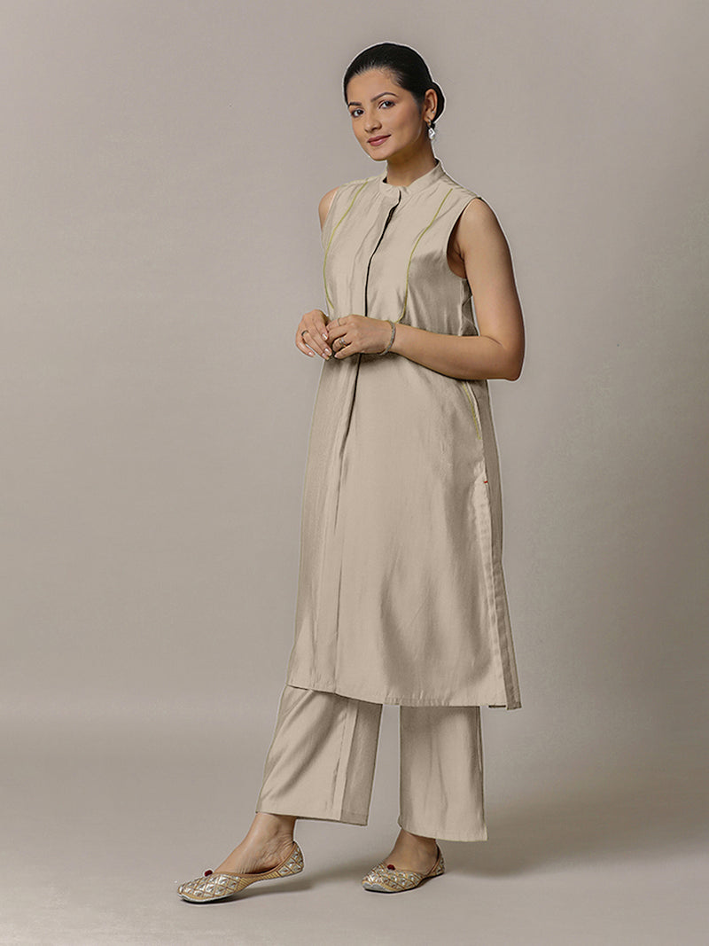Eira x Rozaana | A Line Kurta w/ Mandarin Collar in Oyster Grey | Coords or Only Kurta-Binks