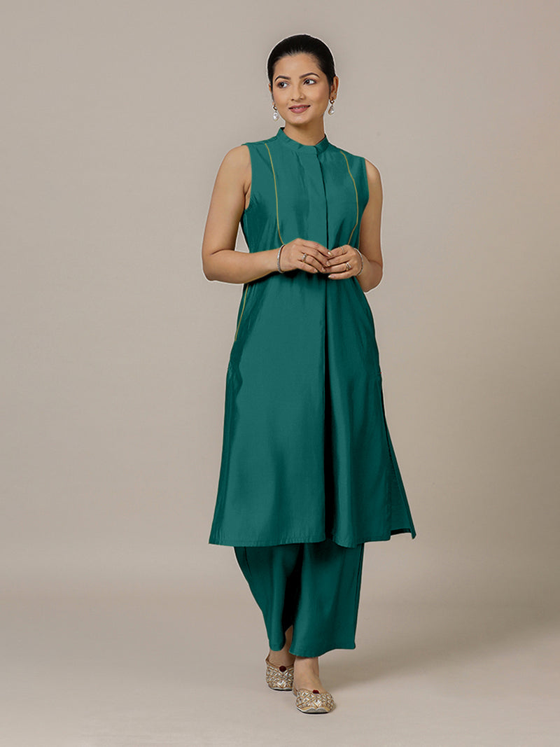 Eira x Rozaana | A Line Kurta w/ Mandarin Collar in Peacock Green | Coords or Only Kurta-Binks