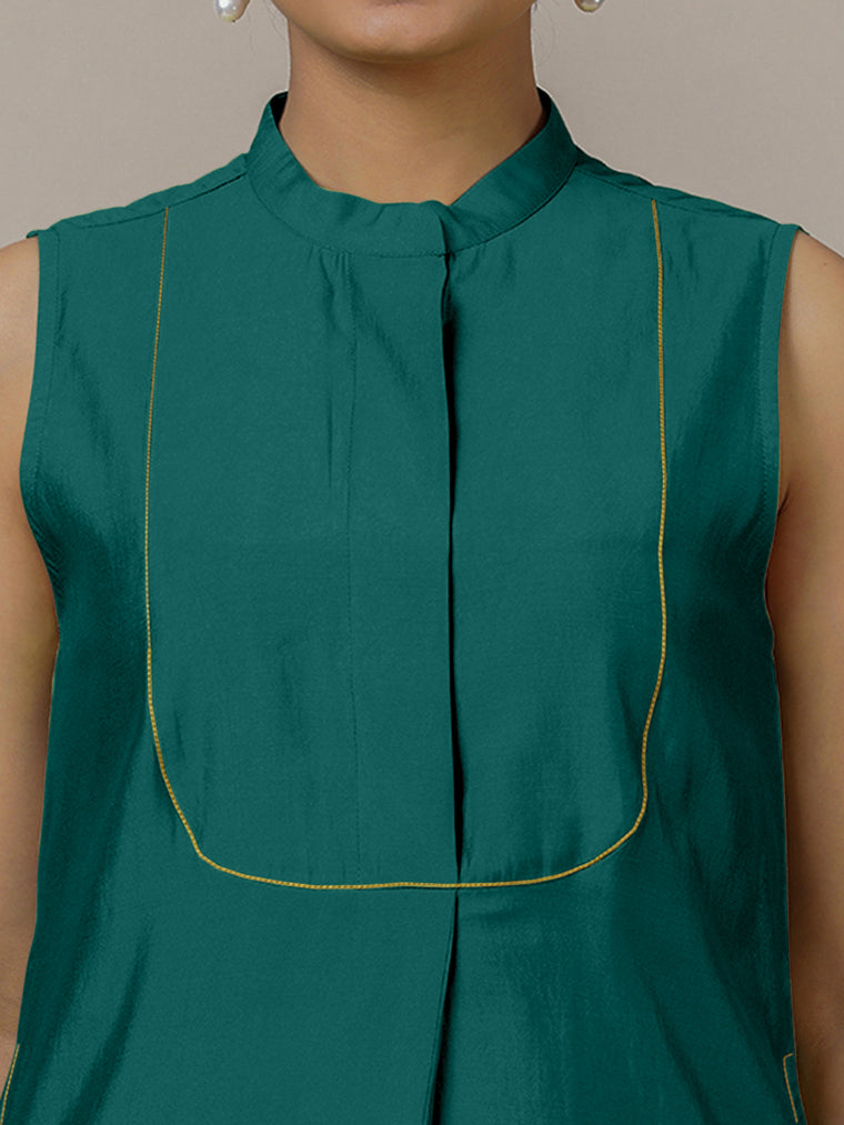 Eira x Rozaana Kurta, in Green Viscose, featuring sleeveless and band collar neckline, made for daily & work (view 3).