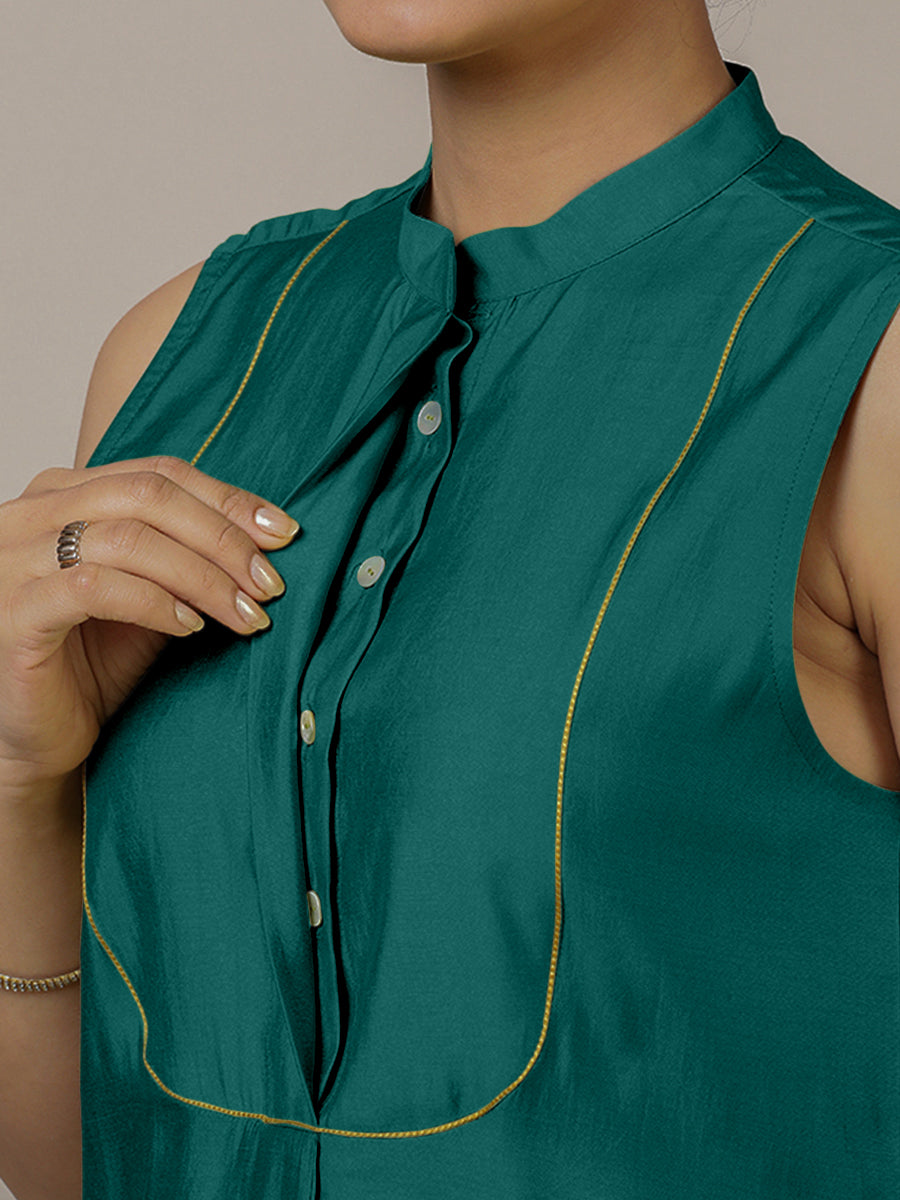 Eira x Rozaana Kurta, in Green Viscose, featuring sleeveless and band collar neckline, made for daily & work (view 4).