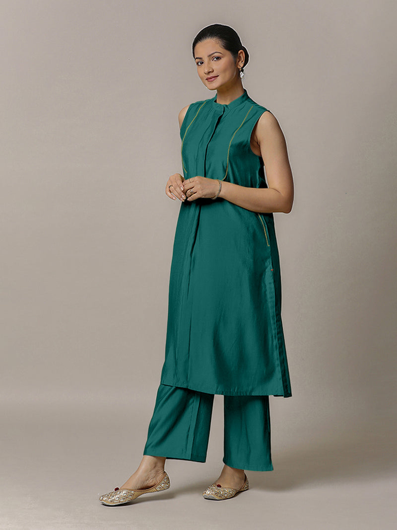 Eira x Rozaana | A Line Kurta w/ Mandarin Collar in Peacock Green | Coords or Only Kurta-Binks