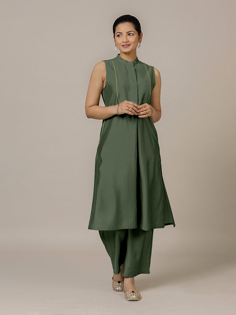 Eira x Rozaana | A Line Kurta w/ Mandarin Collar in Pine Green | Coords or Only Kurta-Binks