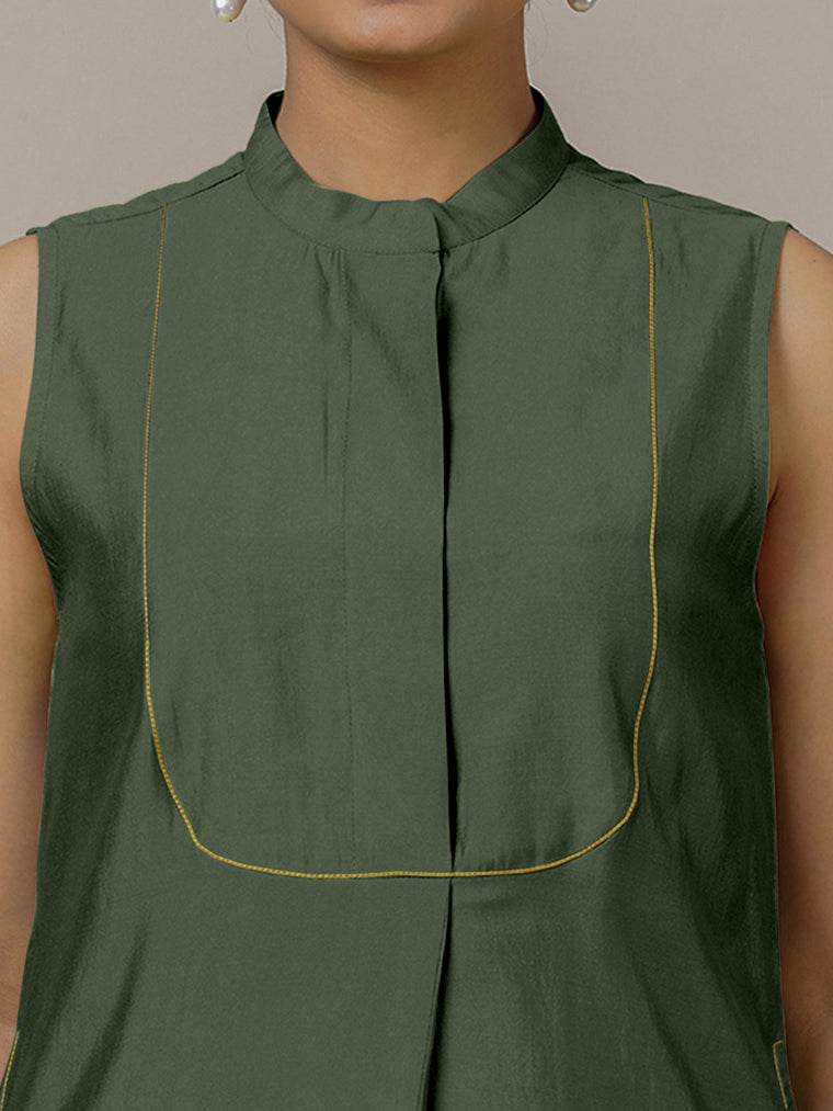 Eira x Rozaana Kurta, in Green Viscose, featuring sleeveless and band collar neckline, made for daily & work (view 3).