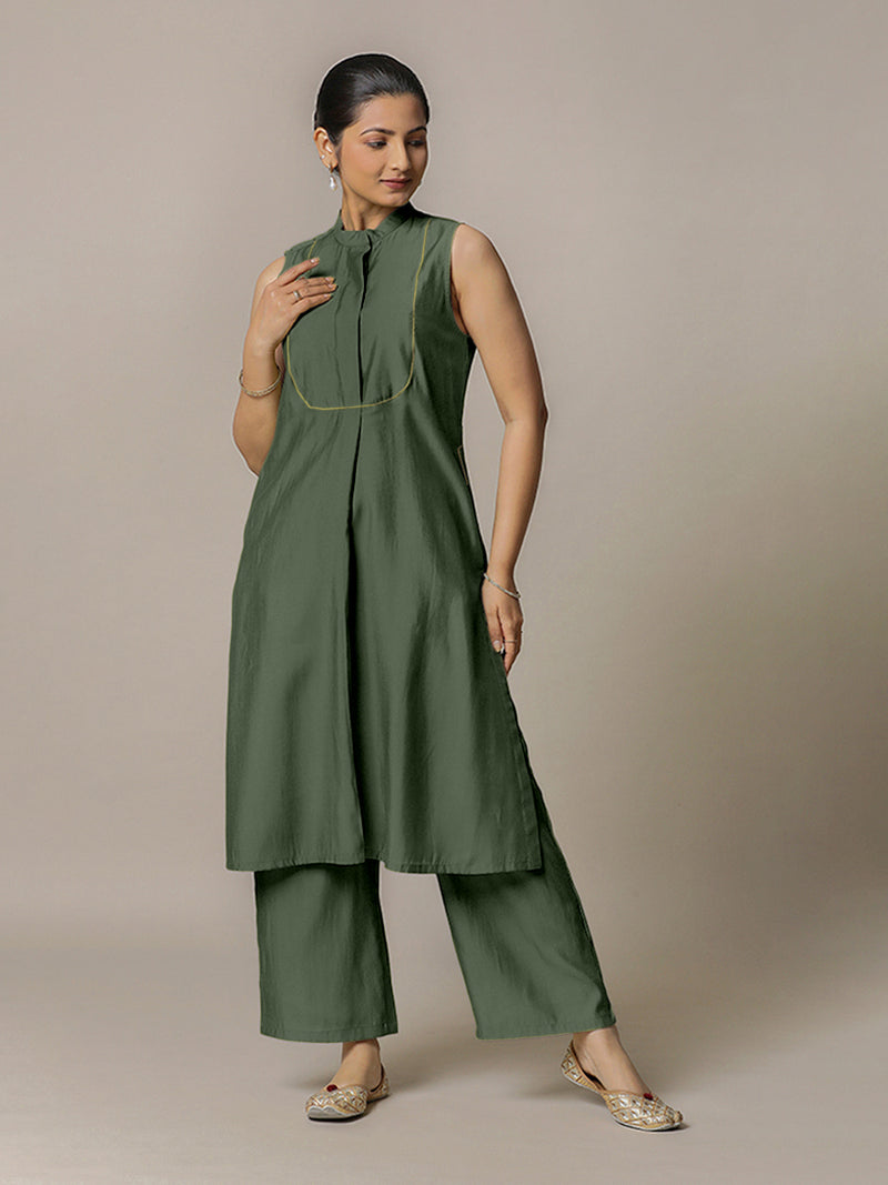 Eira x Rozaana | A Line Kurta w/ Mandarin Collar in Pine Green | Coords or Only Kurta-Binks