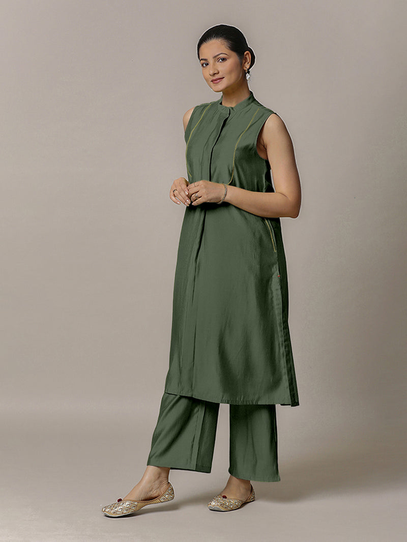 Eira x Rozaana | A Line Kurta w/ Mandarin Collar in Pine Green | Coords or Only Kurta-Binks