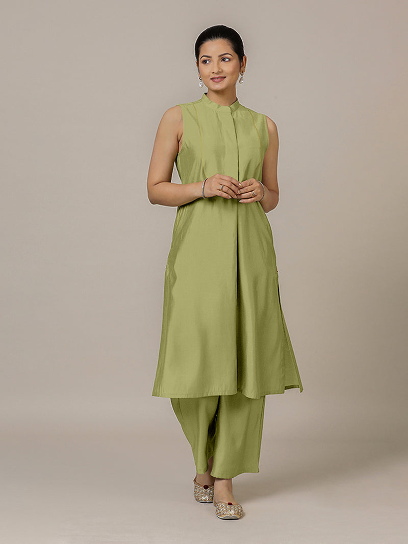 Eira x Rozaana | A Line Kurta w/ Mandarin Collar in Pista Green | Coords or Only Kurta-Binks