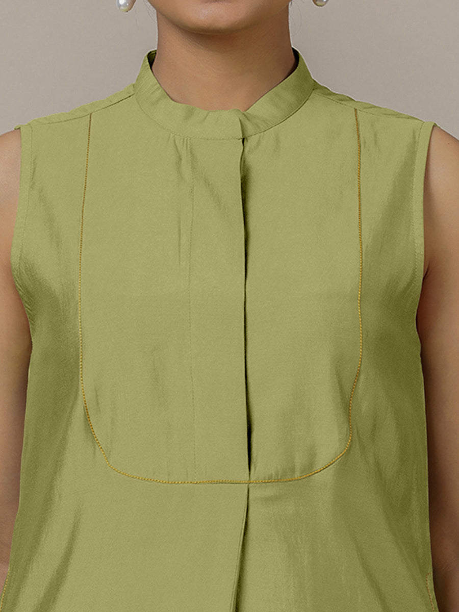 Eira x Rozaana Kurta, in Green Viscose, featuring sleeveless and band collar neckline, made for daily & work (view 3).