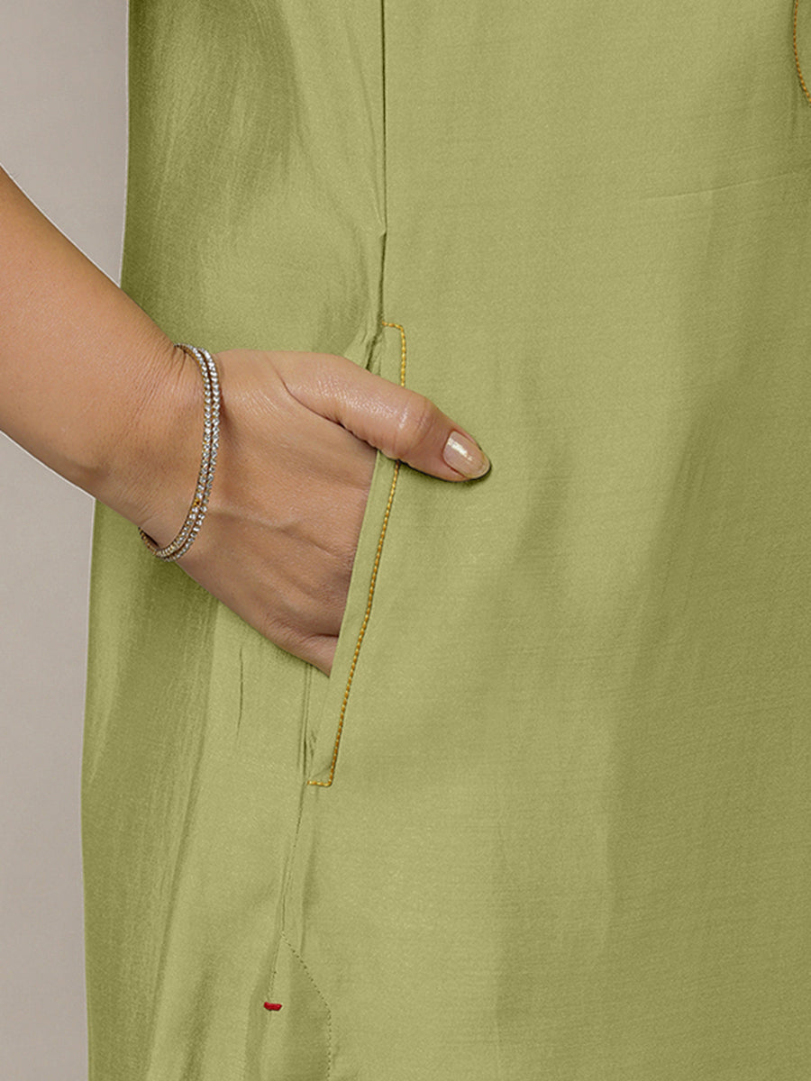 Eira x Rozaana Kurta, in Green Viscose, featuring sleeveless and band collar neckline, made for daily & work (view 5).