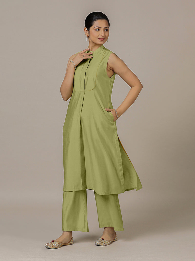 Eira x Rozaana | A Line Kurta w/ Mandarin Collar in Pista Green | Coords or Only Kurta-Binks