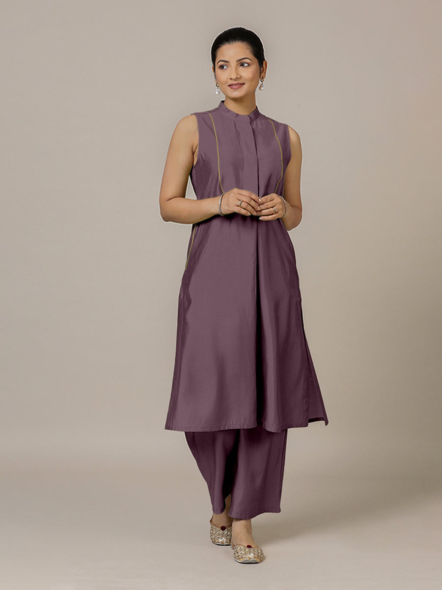 Eira x Rozaana Kurta, in Purple Viscose, featuring sleeveless and band collar neckline, made for daily & work.