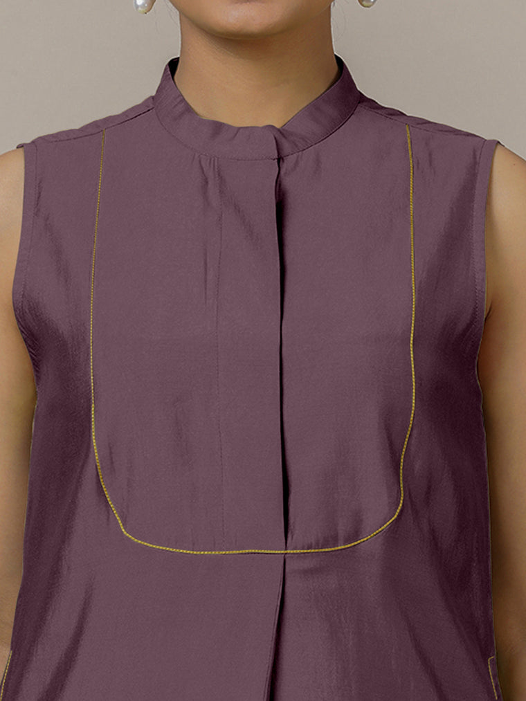 Eira x Rozaana Kurta, in Purple Viscose, featuring sleeveless and band collar neckline, made for daily & work (view 3).
