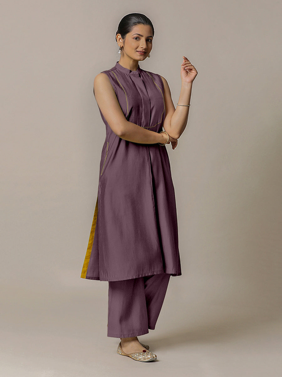 Eira x Rozaana Kurta, in Purple Viscose, featuring sleeveless and band collar neckline, made for daily & work (view 8).