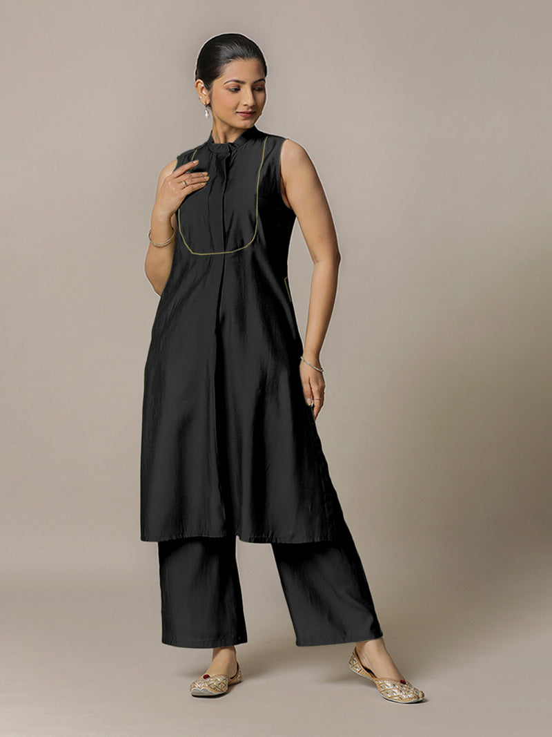 Eira x Rozaana | A Line Kurta w/ Mandarin Collar in Raven Black | Coords or Only Kurta-Binks