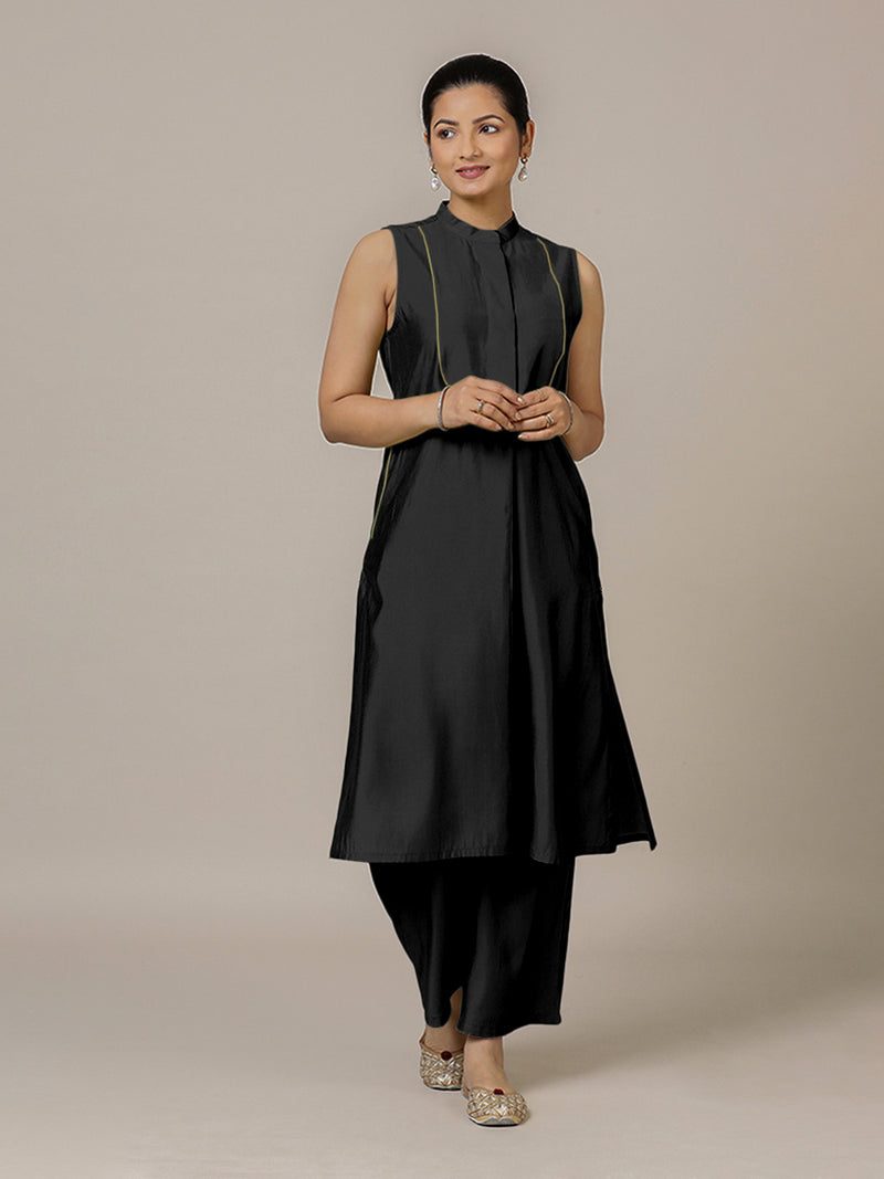 Eira x Rozaana | A Line Kurta w/ Mandarin Collar in Raven Black | Coords or Only Kurta-Binks