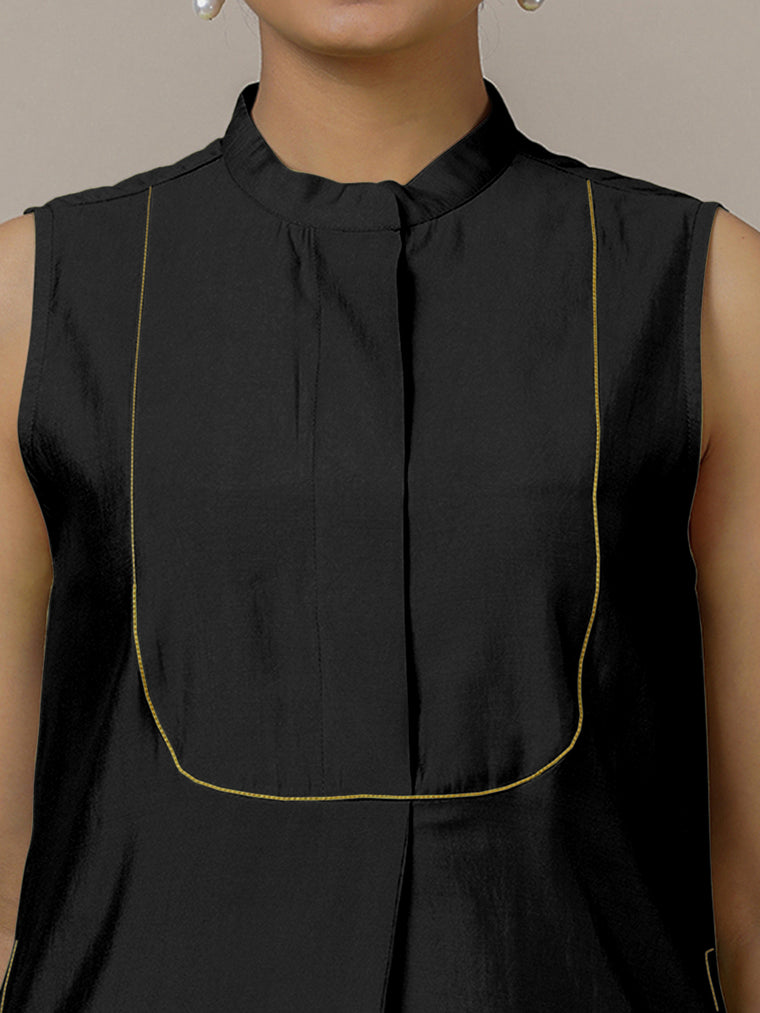 Eira x Rozaana Kurta, in Black Viscose, featuring sleeveless and band collar neckline, made for daily & work (view 3).