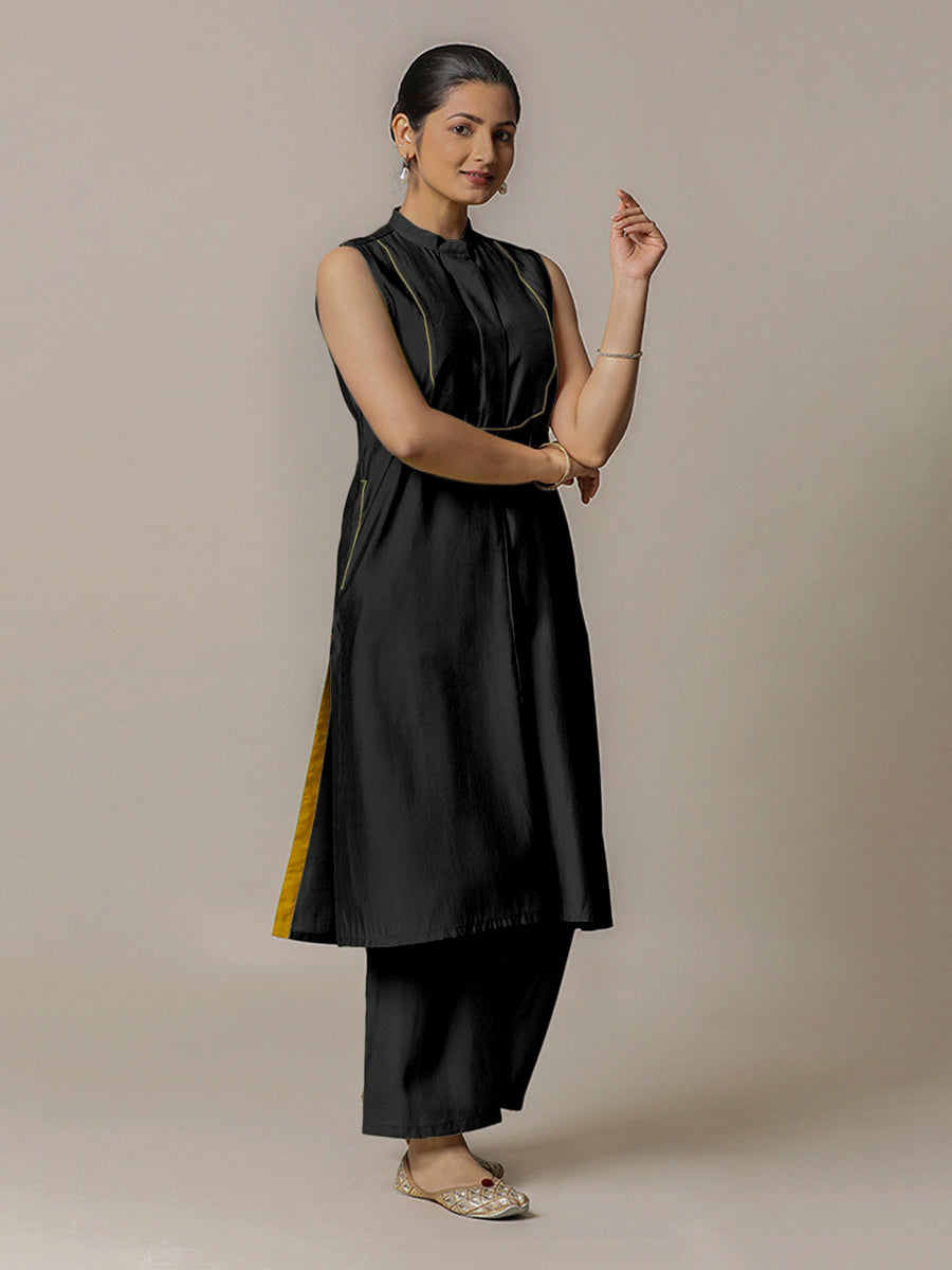 Eira x Rozaana Kurta, in Black Viscose, featuring sleeveless and band collar neckline, made for daily & work (view 7).