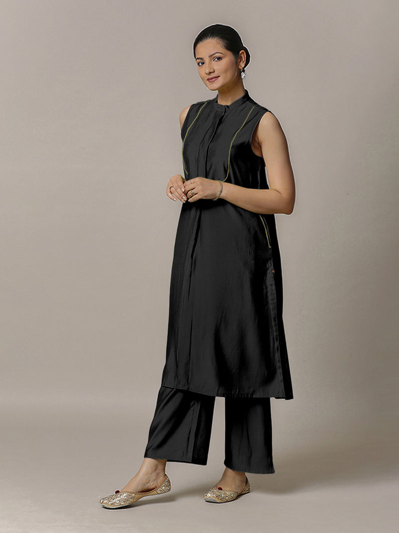 Eira x Rozaana | A Line Kurta w/ Mandarin Collar in Raven Black | Coords or Only Kurta-Binks