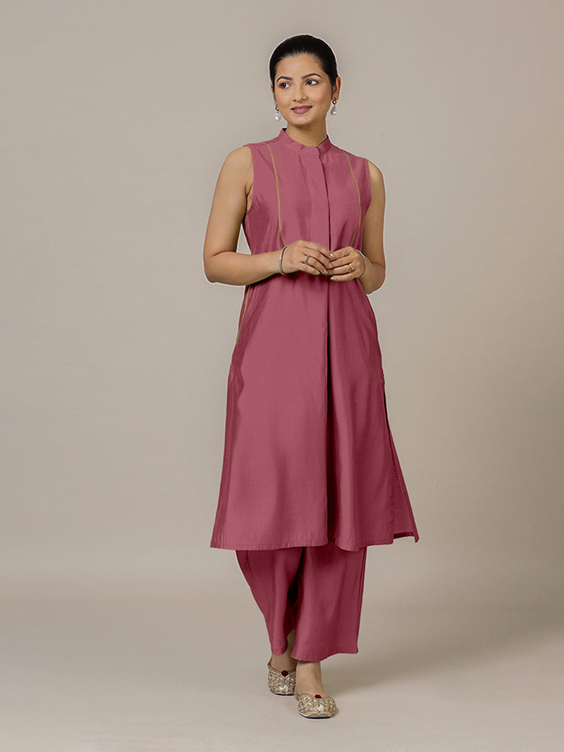 Eira x Rozaana | A Line Kurta w/ Mandarin Collar in Rose Pink | Coords or Only Kurta-Binks