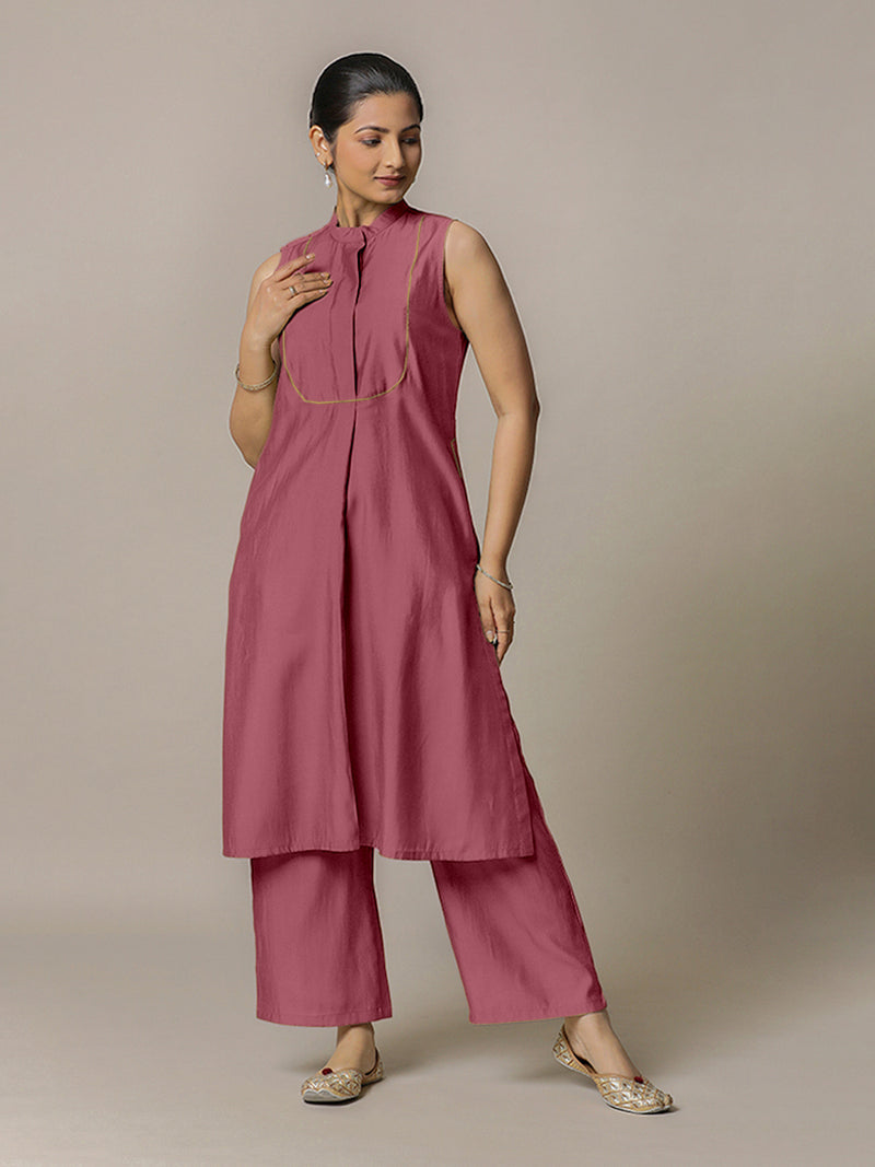Eira x Rozaana | A Line Kurta w/ Mandarin Collar in Rose Pink | Coords or Only Kurta-Binks