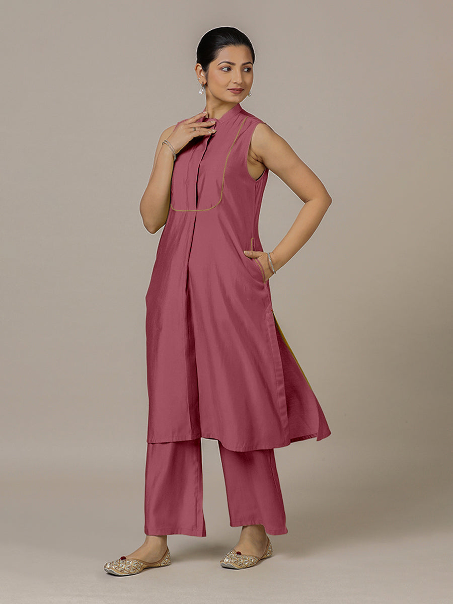 Eira x Rozaana Kurta, in Pink Viscose, featuring sleeveless and band collar neckline, made for daily & work (view 8).