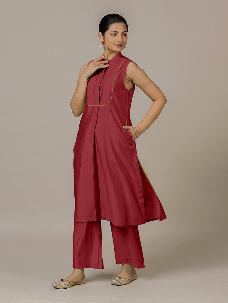 Eira x Rozaana Kurta, in Red Viscose, featuring sleeveless and band collar neckline, made for daily & work.