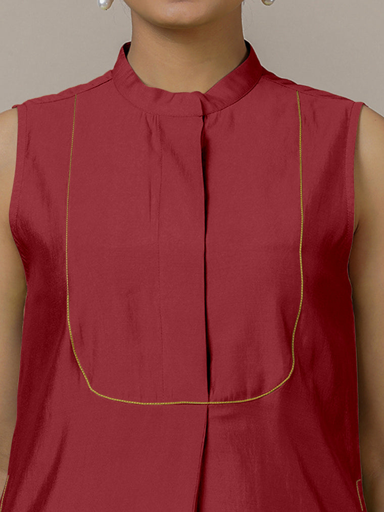 Eira x Rozaana Kurta, in Red Viscose, featuring sleeveless and band collar neckline, made for daily & work (view 3).