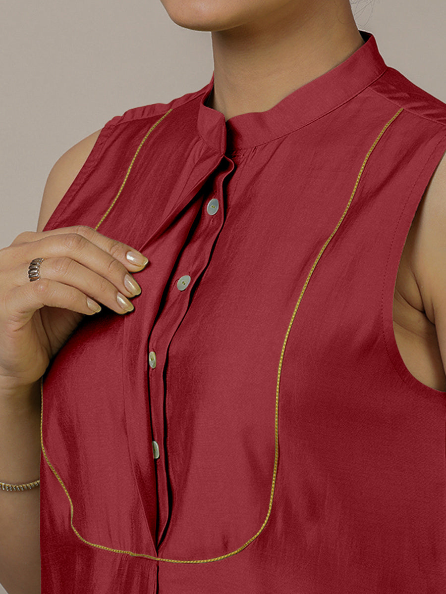 Eira x Rozaana Kurta, in Red Viscose, featuring sleeveless and band collar neckline, made for daily & work (view 4).