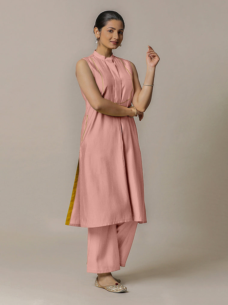 Eira x Rozaana Kurta, in Pink Viscose, featuring sleeveless and band collar neckline, made for daily & work.