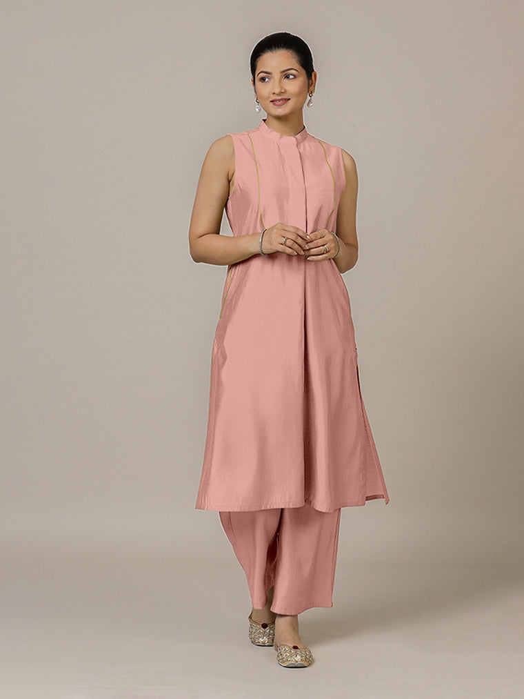 Eira x Rozaana Kurta, in Pink Viscose, featuring sleeveless and band collar neckline, made for daily & work (view 2).