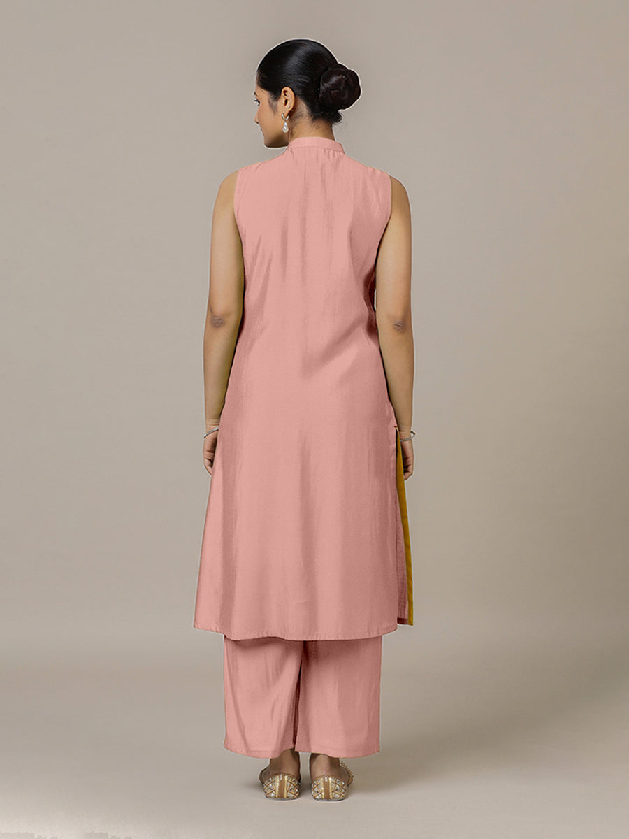 Eira x Rozaana Kurta, in Pink Viscose, featuring sleeveless and band collar neckline, made for daily & work (view 3).