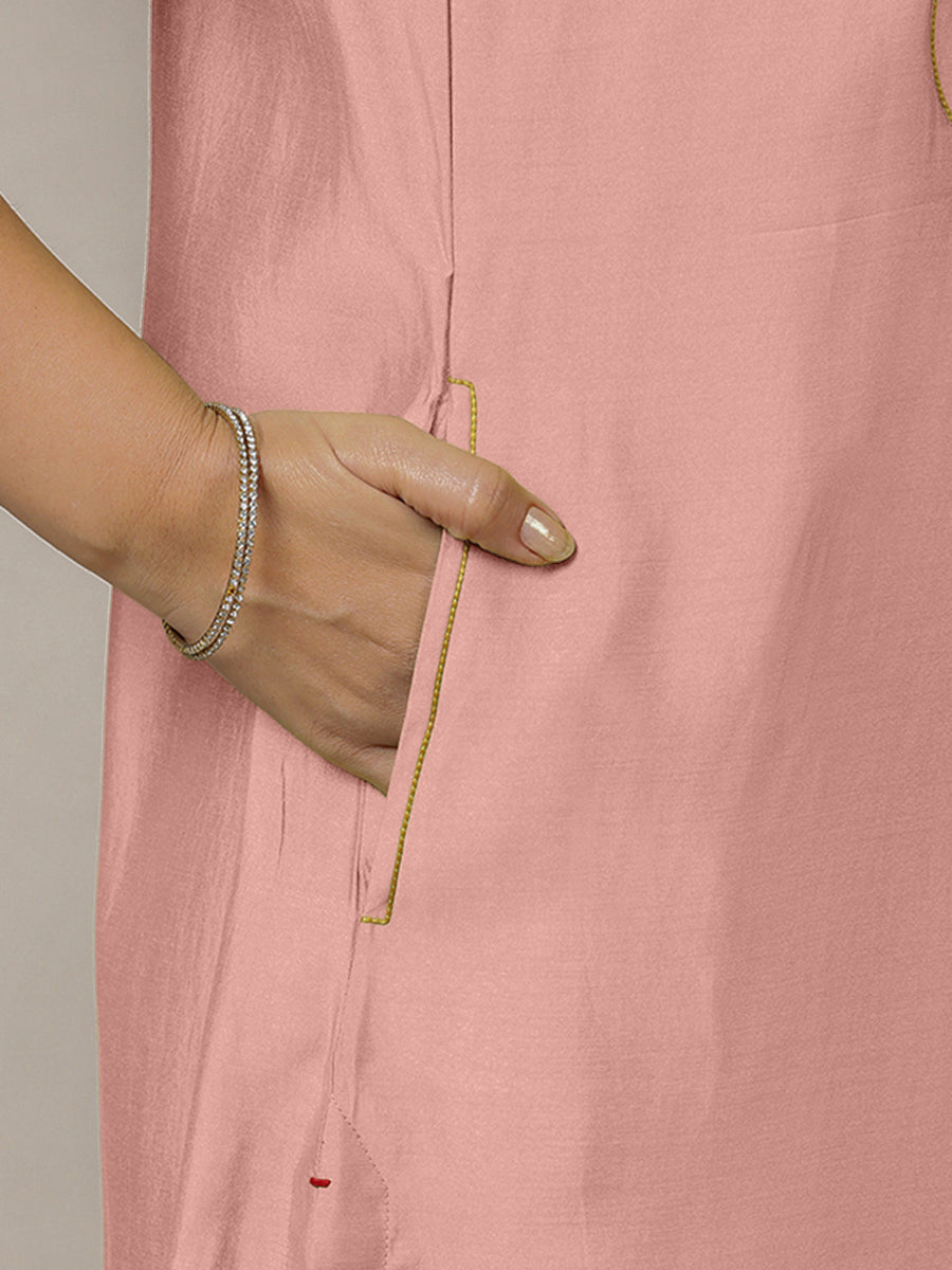 Eira x Rozaana Kurta, in Pink Viscose, featuring sleeveless and band collar neckline, made for daily & work (view 6).