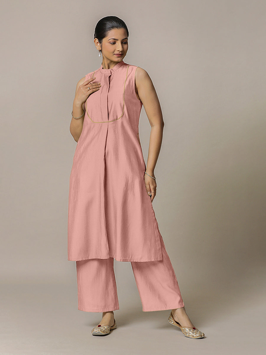 Eira x Rozaana Kurta, in Pink Viscose, featuring sleeveless and band collar neckline, made for daily & work (view 7).
