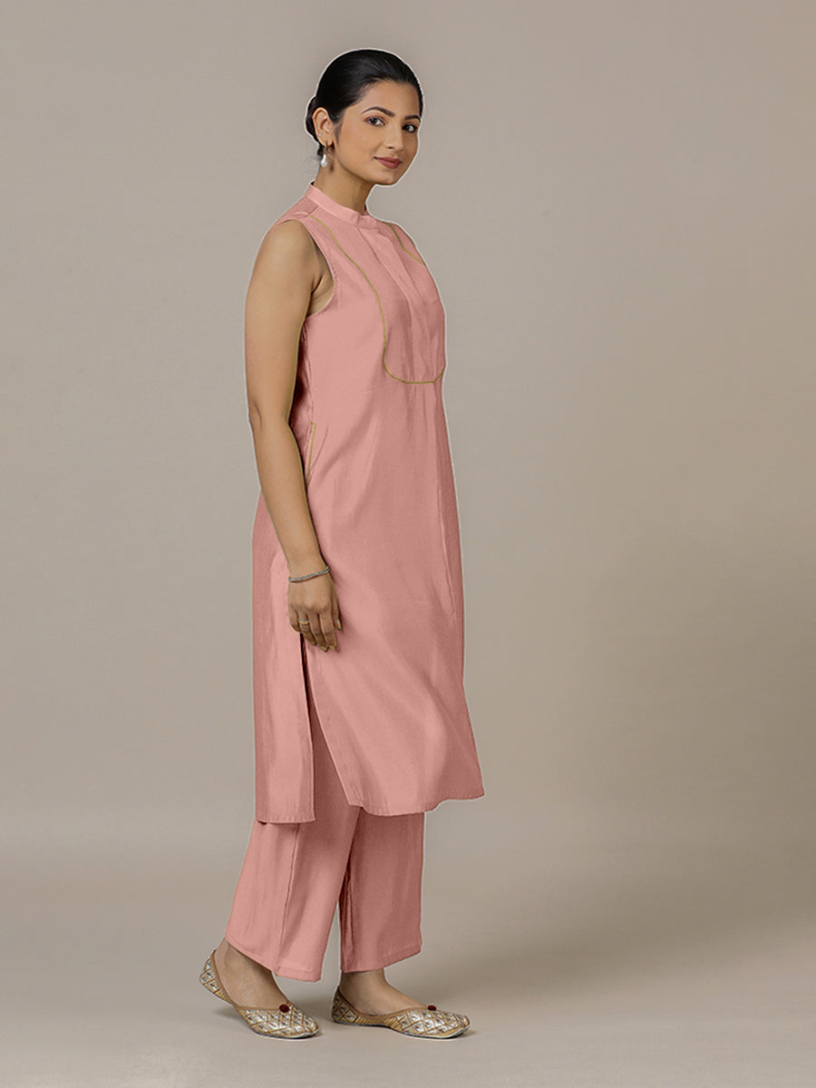 Eira x Rozaana Kurta, in Pink Viscose, featuring sleeveless and band collar neckline, made for daily & work (view 8).