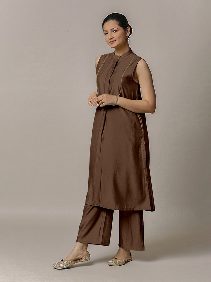 Eira x Rozaana | A Line Kurta w/ Mandarin Collar in Walnut Brown | Coords or Only Kurta-Binks