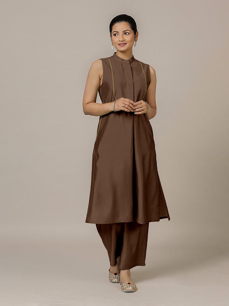 Eira x Rozaana | A Line Kurta w/ Mandarin Collar in Walnut Brown | Coords or Only Kurta-Binks