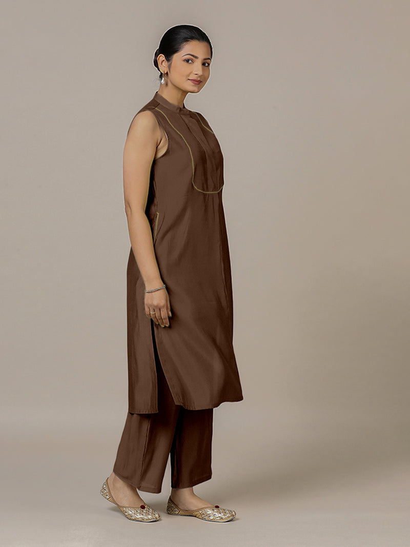 Eira x Rozaana | A Line Kurta w/ Mandarin Collar in Walnut Brown | Coords or Only Kurta-Binks