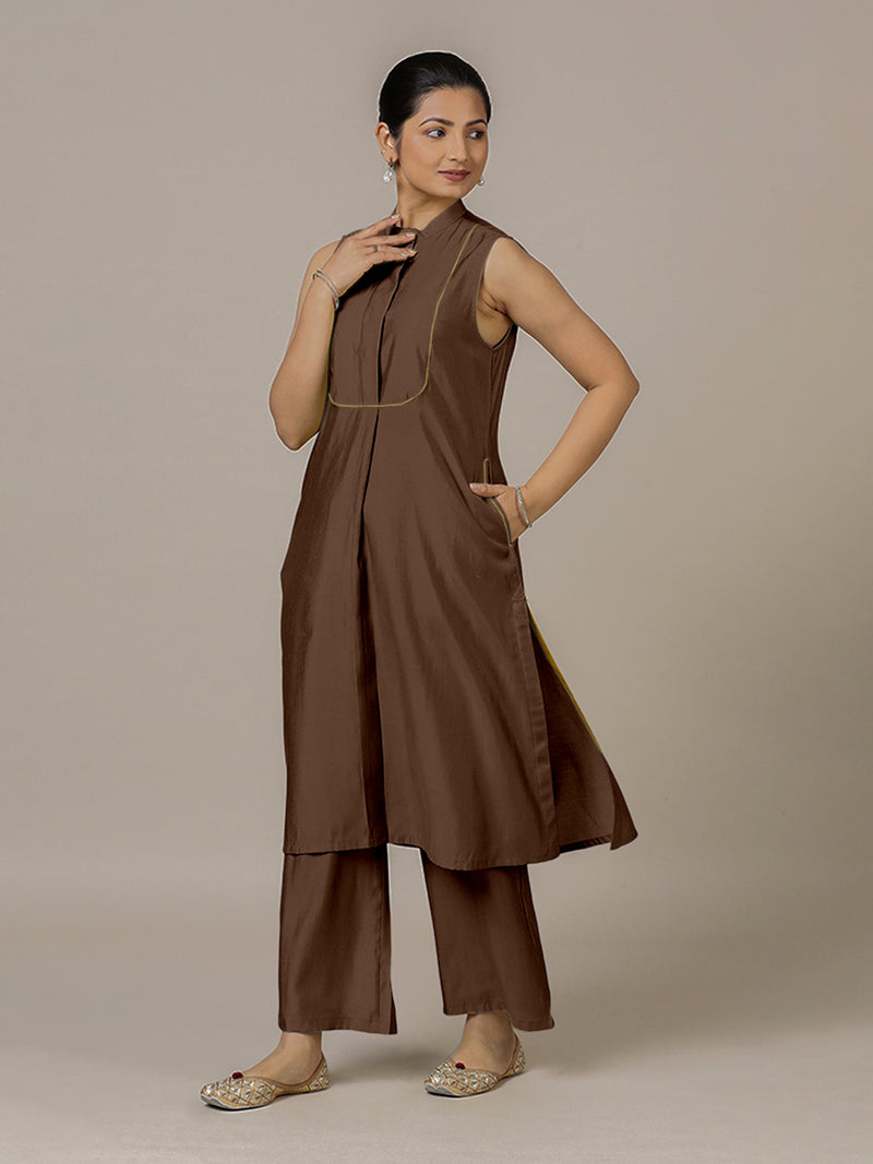 Eira x Rozaana | A Line Kurta w/ Mandarin Collar in Walnut Brown | Coords or Only Kurta-Binks