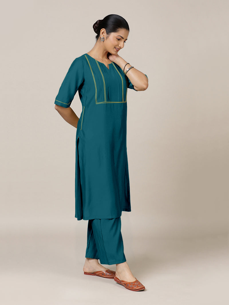Esha x Rozaana | A Line Kurta in Crystal Teal with Thread Work | Coords or Only Kurta-Binks