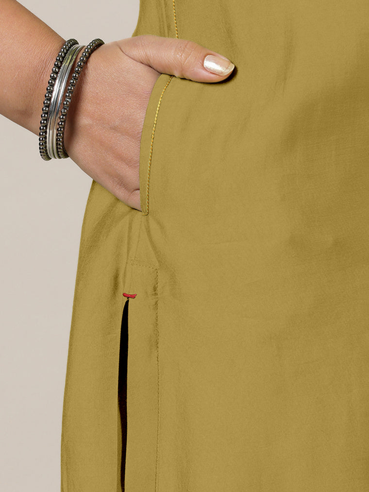 Esha x Rozaana Kurta, in Yellow Viscose, featuring elbow sleeves and round neck with splitline, made for daily & work (view 3).